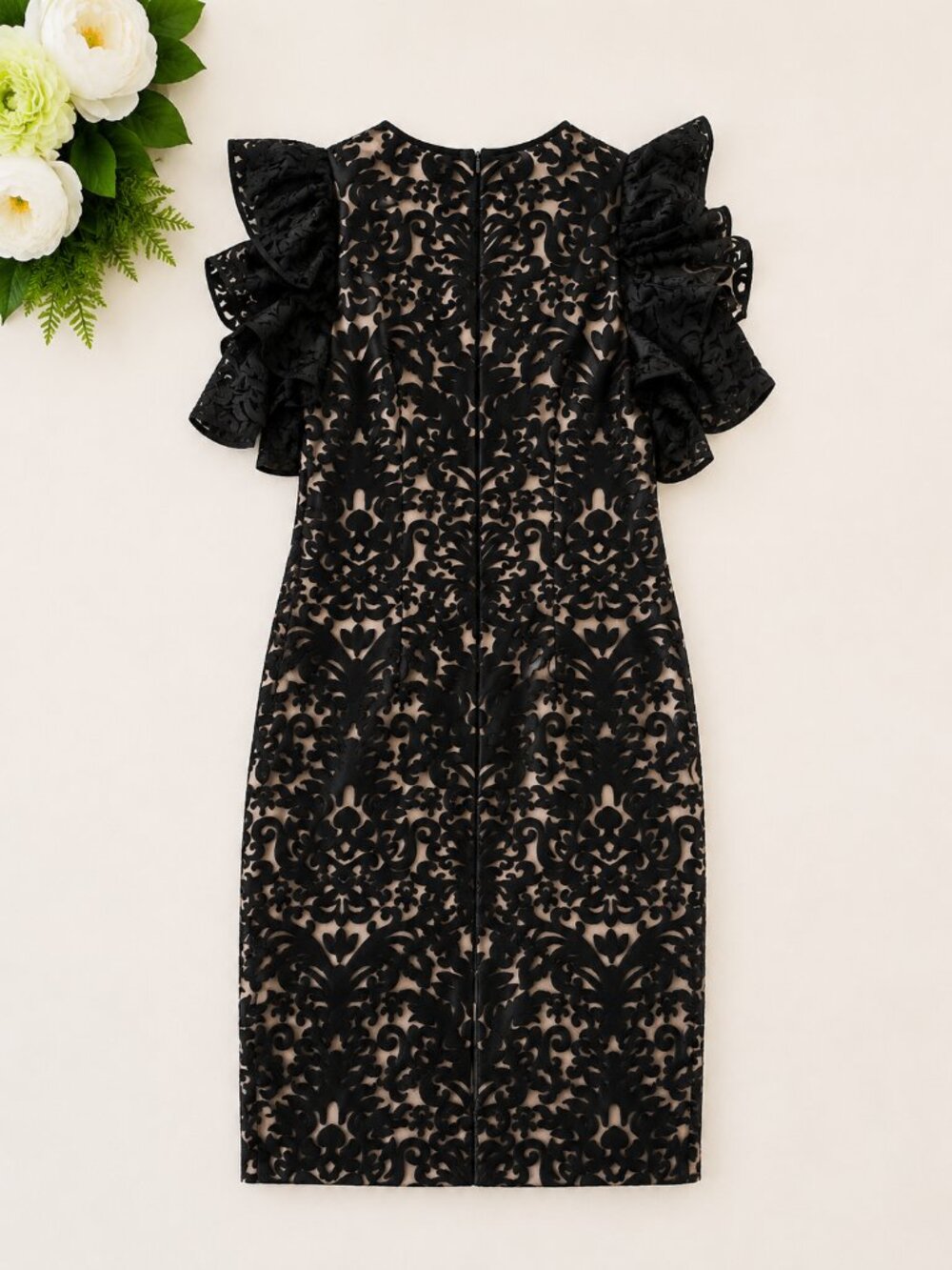 Xscape black embroidered lace dress, size 8